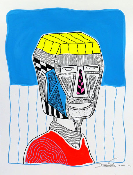 The big fat boy - Man with Cubic Head looking right and colors - Hand draw signed