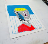 The big fat boy - Man with Cubic Head looking right and colors - Hand draw signed