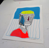 The big fat boy - Man with Cubic Head looking right and colors - Hand draw signed